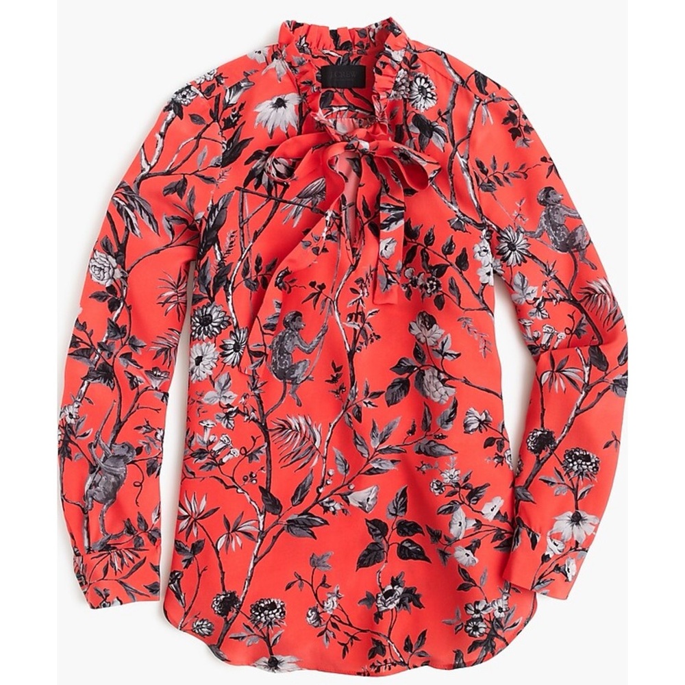 J. Crew Collection / NWT ruffle tie-neck top in Ratti® sunset coral monkey print